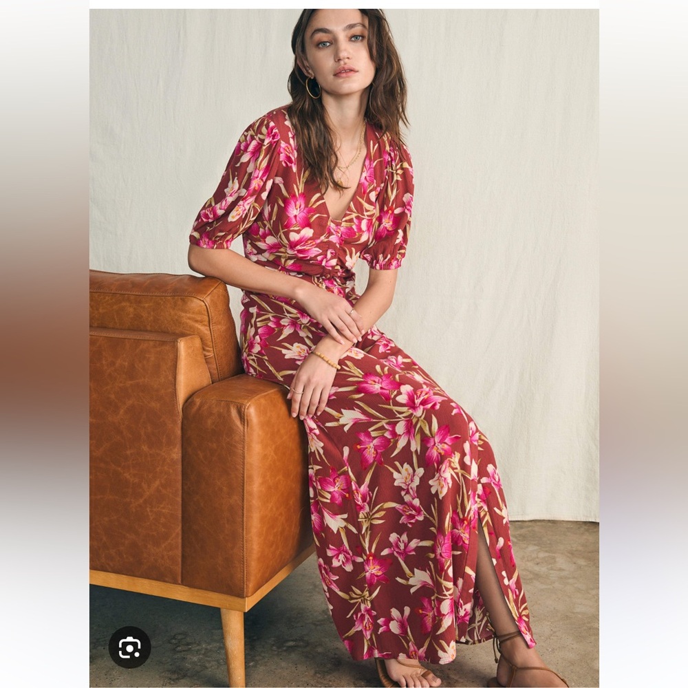Faherty Burgundy Floral Wrap Maxi Dress with Pink and Cream Blooms